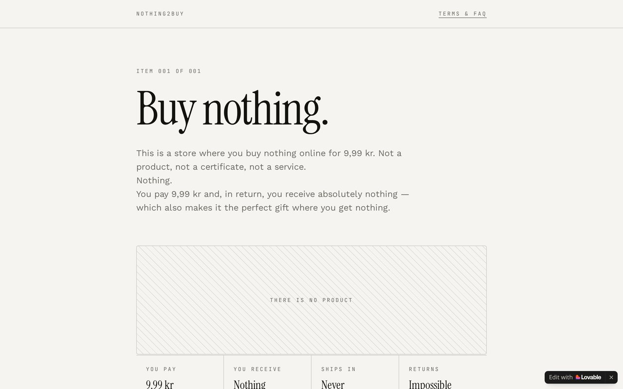 Förhandsbild av Nothing2Buy, en minimalistisk webbsida med rubriken Buy nothing.